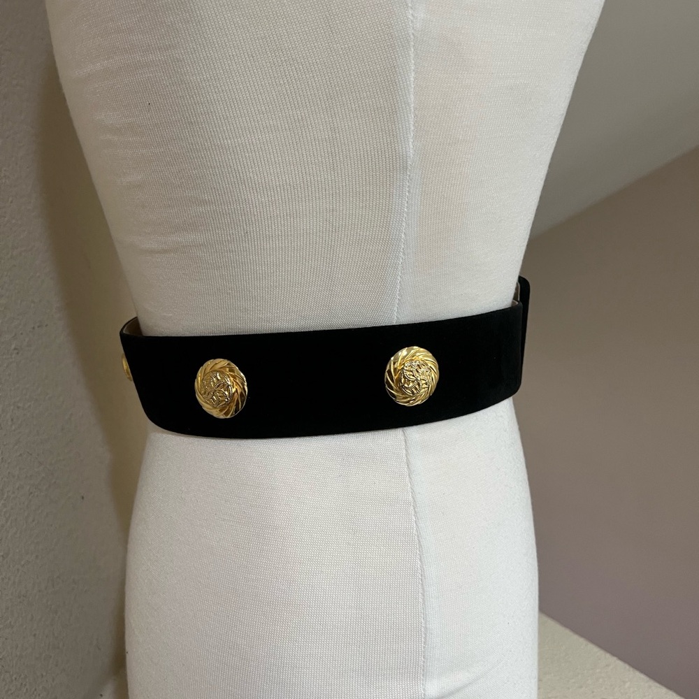 Vintage Black‎ velvet Suede Leather Waist belt  gold buttons Belt small